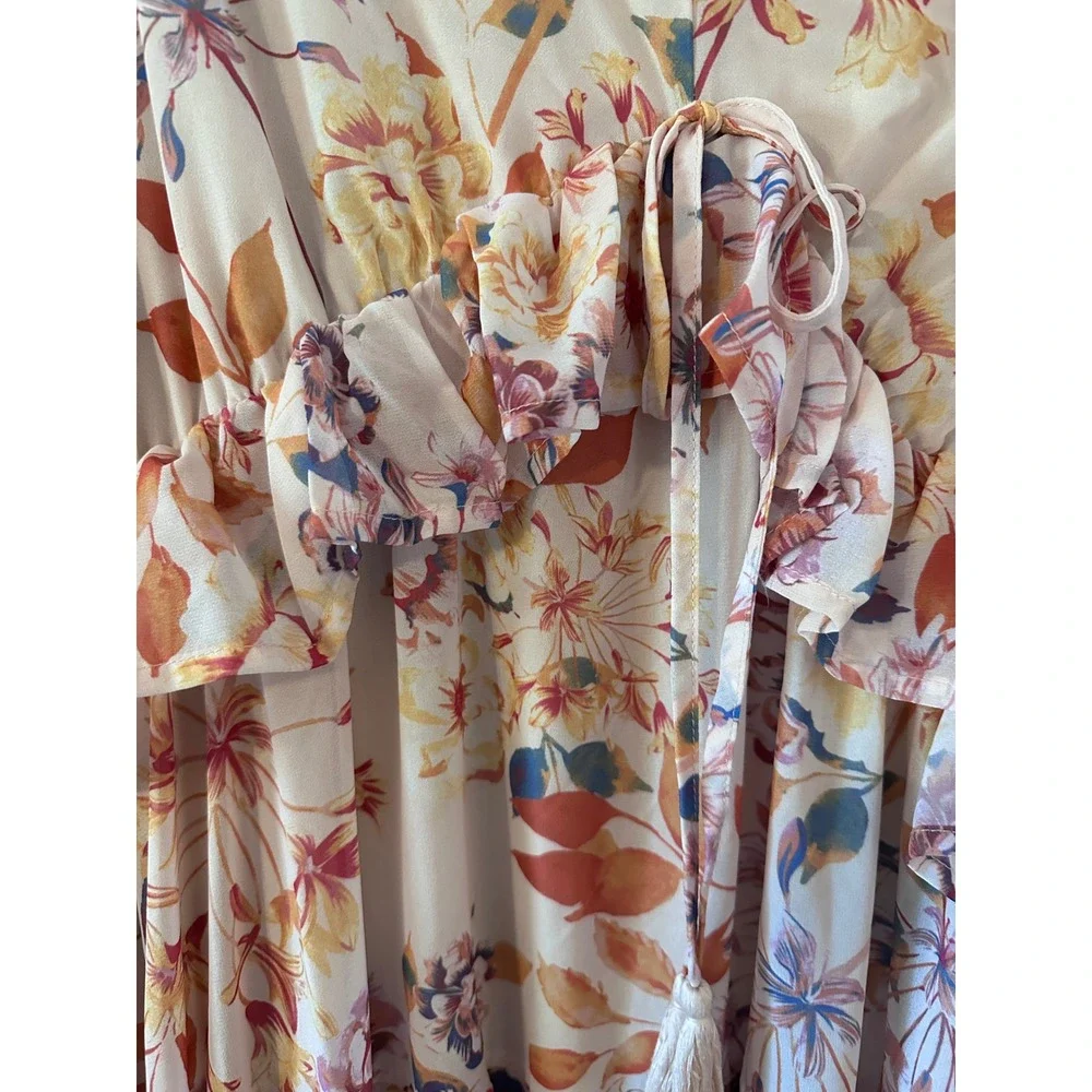 Arula Floral Maxi Dress‎ Long Sleeve Ruffle Tie Front Bohemian Tiered SZ 10 12 - Picture 5 of 5